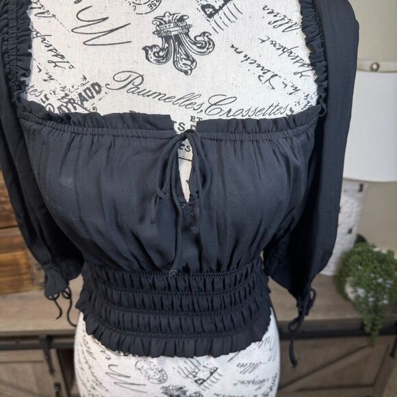 Abercrombie & Fitch Stringy Ruched Milkmaid Cropped Blouse Sz S 3/4 Puff Sleeve - Picture 3 of 9